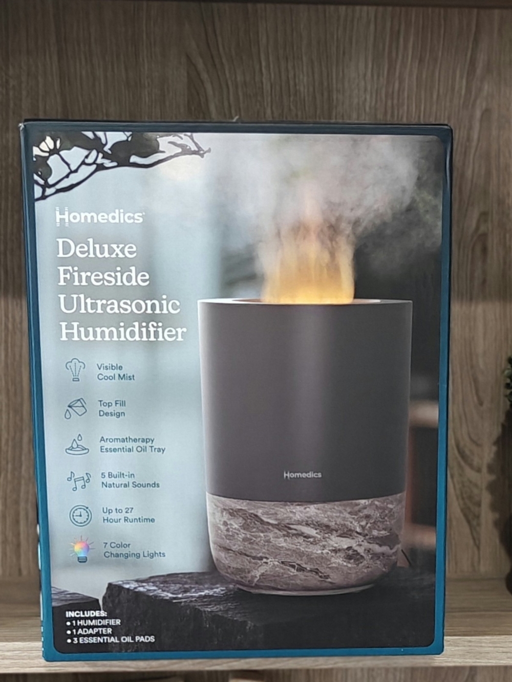 NIB Homedics Deluxe Fireside Ultrasonic Humidifier in Gray with Marble Base